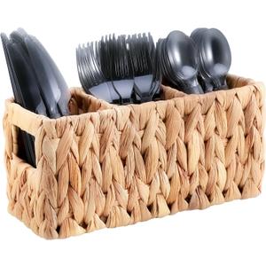 Niuirt Wicker Party Silverware Caddy, Small Water Hyacinth Plastic Cutlery Utensil Holder, Hand Woven with Handles, Kitchen Countertop and Picnic flatware Organizer