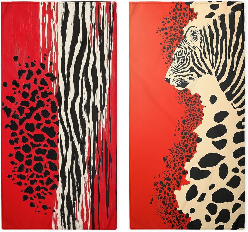 Leopard Print Hand Towels Set of 2, Red Black Splice Decorative Bath Towels for Bathroom Kitchen Home Spa Hotel Yoga, Bathroom Decor Accessories (28.3"L x 14.4"W)