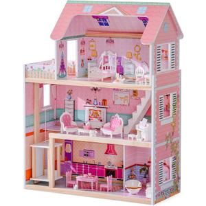 ROBUD Wooden Dollhouse, Doll House Playset with 24-pcs Exquisite Accessories, Working Elevator, Gift for Ages 3+ (Pink)