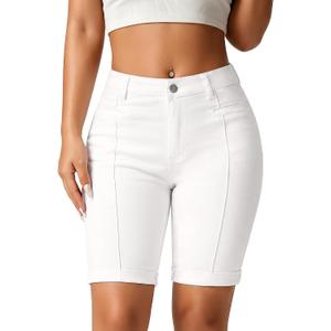 roswear Women's Jean Shorts Stretchy Skinny Knee Length Bermuda Shorts with Front Seam (White, M)