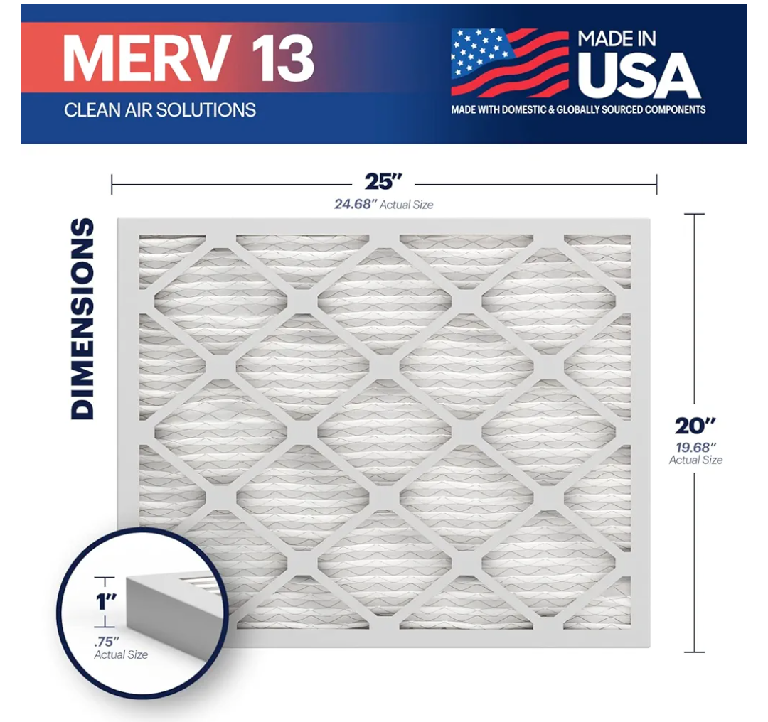 BNX TruFilter 20x25x1 Air Filter MERV 13 (2-Pack) - MADE IN USA - Electrostatic Pleated Air Conditioner HVAC AC Furnace Filters for Allergies, Pollen, Mold, Bacteria, Smoke, Allergen, MPR 1900 FPR 10