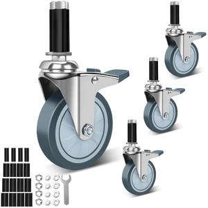 4 Inch Caster Wheels for Prep Table, Expanding Stem Casters Set of 4, Heavy Duty Castors with Locking Brake Fit 7/8", 1", 1-1/8",1-3/8" Stainless Steel Furniture Legs, Wire Shelving Racks,Utility Cart