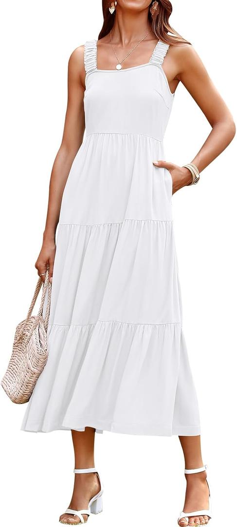 PRETTYGARDEN Solid Color Flowy Spring Dresses for Women 2024 Wedding Guest Dress Elastic Shoulder Plus Size Maternity Dress (White, XX-Large)