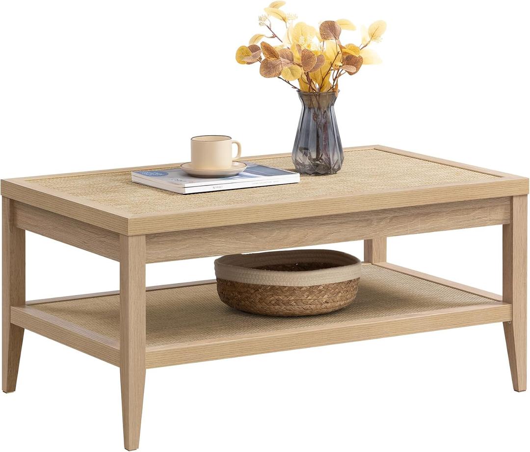 SICOTAS Rattan Coffee Table for Living Room - Boho Rectangular Dining Center Table with 2 -Tiers Rattan Storage Shelf, Farmhouse Accent Table for Living Room, Home Office, Light Oak, 1 Piece