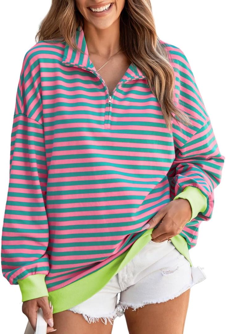 EVALESS Oversized Sweatshirt for Women 2024 Fall Outfits Fashion Long Sleeve Shirts Striped Quarter Zip Pullover Tops (Green, M)