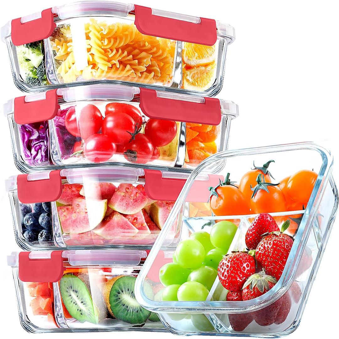 VERONES 5 Pack Glass Meal Prep Containers 3 Compartment Set, 36OZ Airtight Glass Lunch Containers, Glass Food Storage Containers with Lids, for Microwave, Oven, Freezer & Dishwasher Friendly,Red