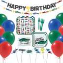 Race Car Birthday Decorations - 68 Pc Complete Party Kit Serves 12 - Banner, Garland, Balloons, Toppers, Square Plates & Car Napkins - Green Boys Car Party