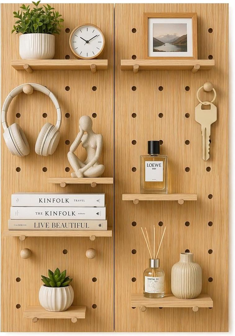 Large Wood Pegboard Wall Organizer - Heavy Duty 2 Panel Wooden Peg Board Kit with Shelves, Modular Wall Storage Display for Craft Room, Office, Bedroom, Living Room