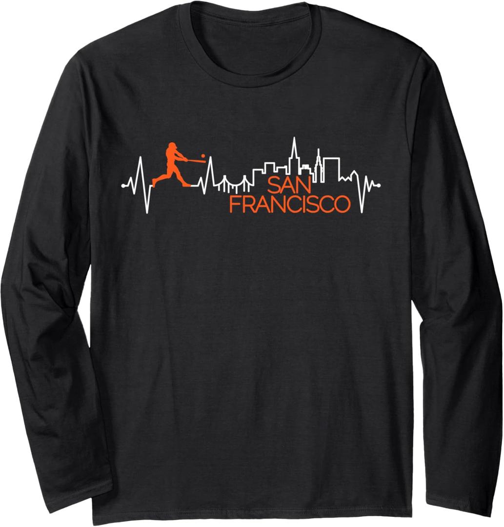 Vintage San Francisco Skyline Baseball Heartbeat Men Women Long Sleeve T-Shirt (Small, Black)