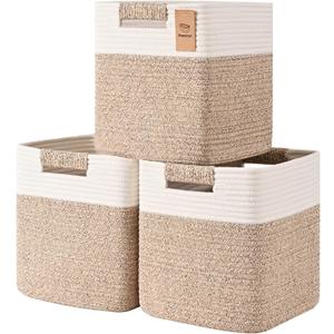 13 Inch Storage Cubes, 3 Pack Cube Storage Bins for Organizing, Cotton Rope Woven Baskets for Shelves, Bathroom, Kids Room, Closets, Baby Nursery