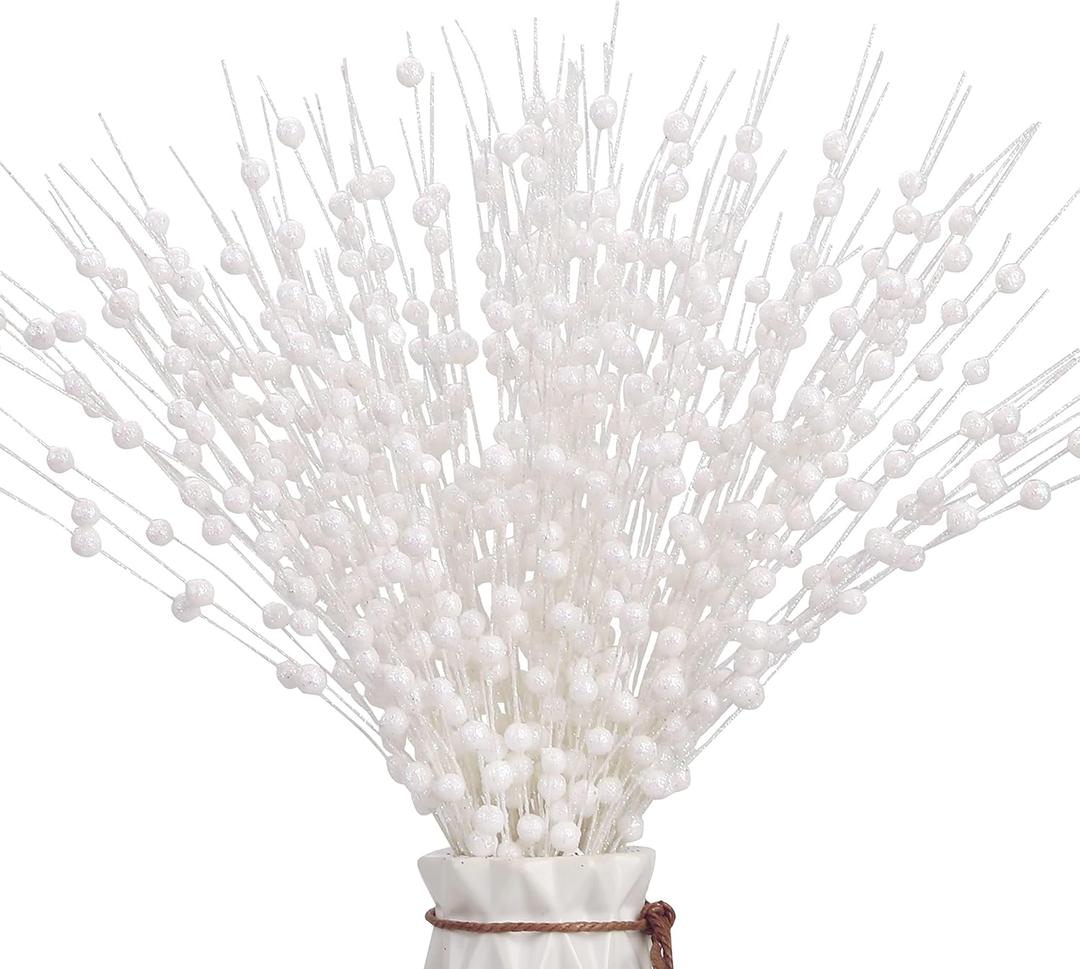 12 PCS Artificial Glitter Berry, White Christmas Glitter Picks Artificial Berries Stems for Christmas Ornaments Fake Sticks for Vases Tall DIY Wreath Home Decor (15.8)