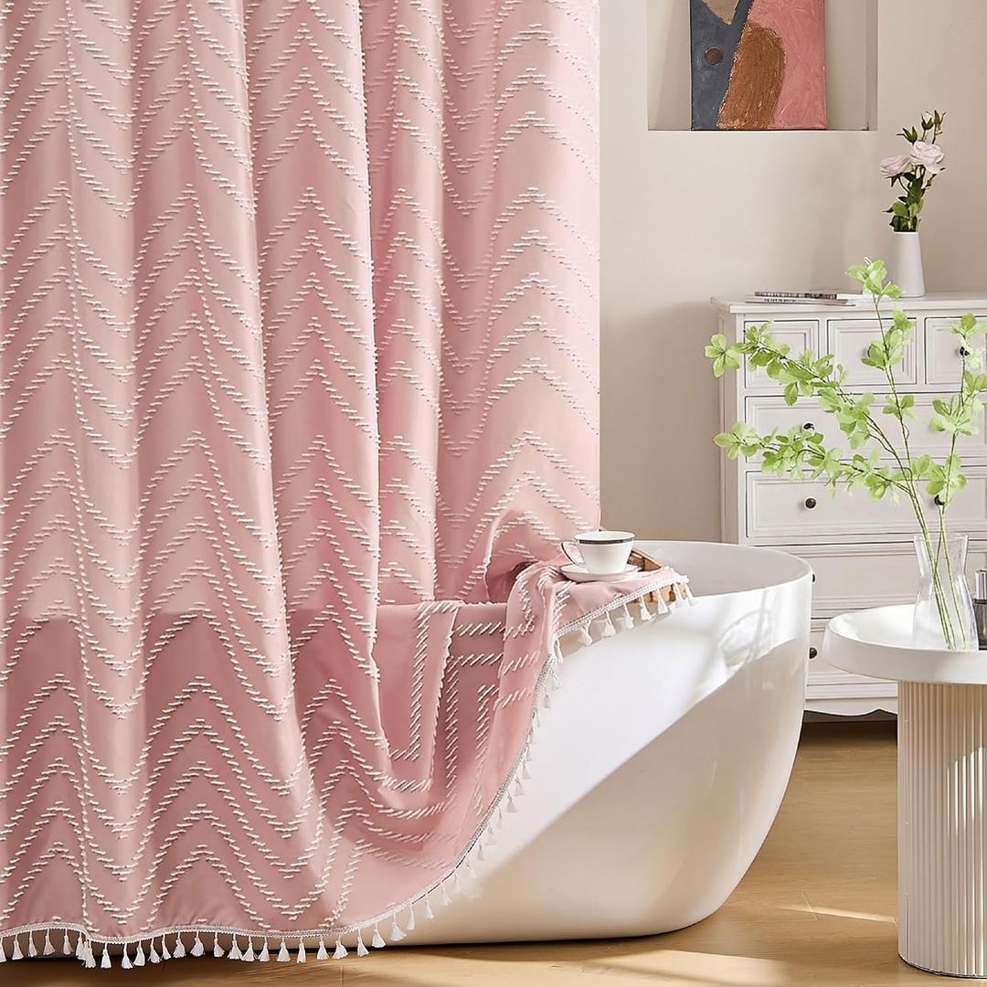 Pink Boho Shower Curtain White Tassel Woven Fabric Cute Shower Curtain Modern Farmhouse Textured Tufted Chevron Striped Minimalist 72 x 72 Bathroom Shower Curtains