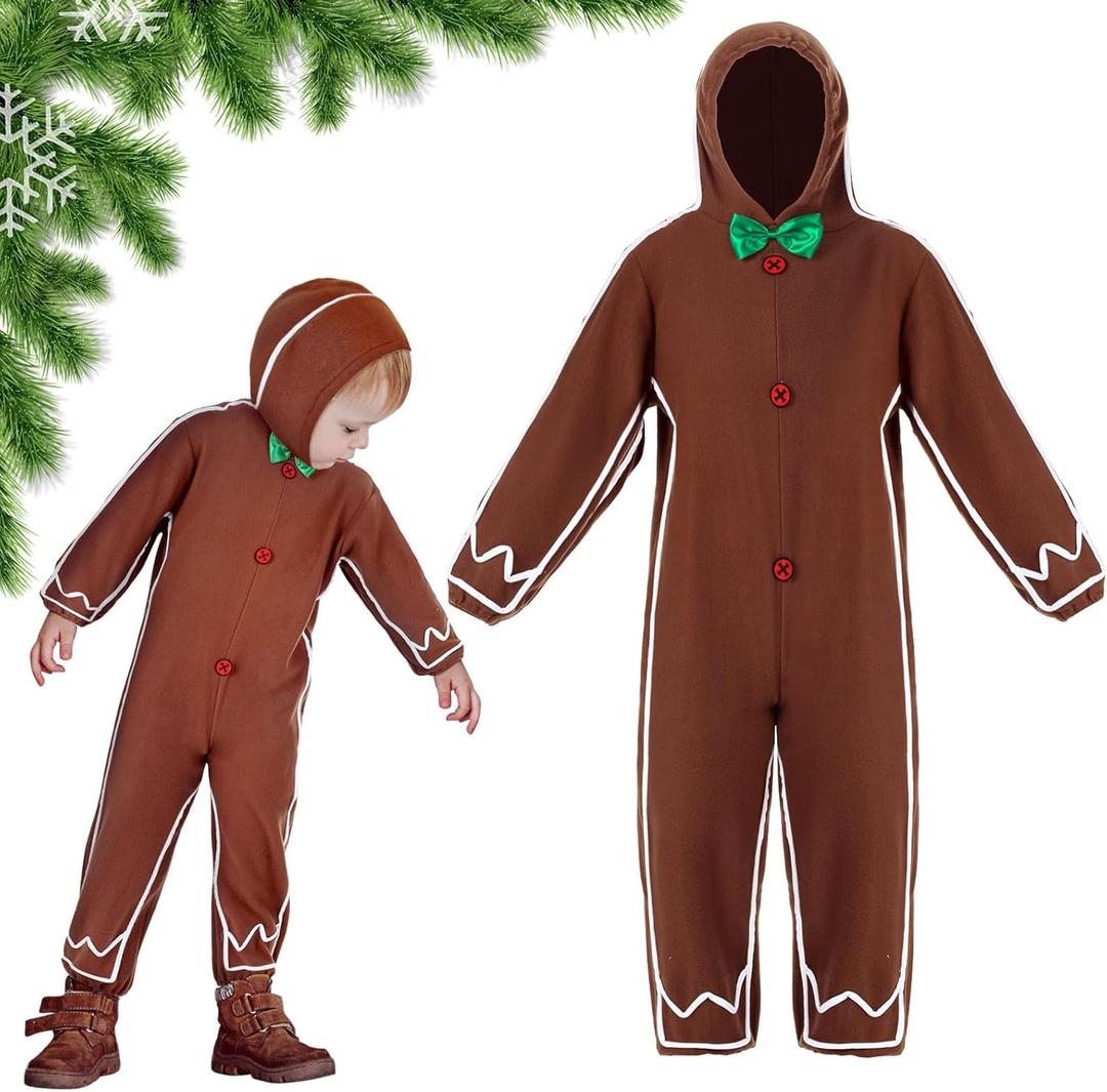Geyoga Gingerbread Man Costume for Kids Home Clothing Christmas Gingerbread Outfit Bodysuit Hooded Unisex (10-12 Years, Brown)