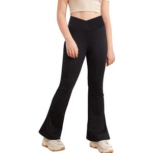 Girl's Leggings Cross High Waisted Flare Pants Yoga Bootcut Pants Solid Color Full Length Bell Bottoms (11-12 Years, Black)
