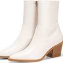 Coutgo Womens Pointed Toe Ankle Boots Chunky Stacked Heel Side Zipper Leather Fall Booties Shoes (8.5, Beige)