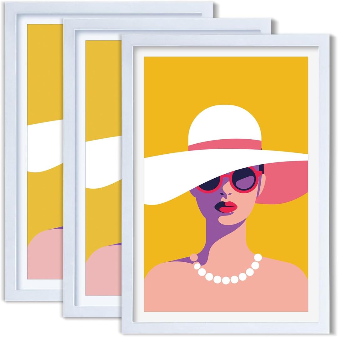 12x18 Poster Frame 3 Pack, Made of Solid Wood with Plexiglass, Display Pictures 11x17 with Mat or 12x18 Without Mat for Wall Mounting Display, Photo Frames Collage for Wall Decor, White