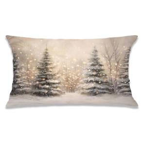 Udinaz Christmas Tree Winter Scene Pillow Covers 12x20 Double-Sided, Rustic Christmas Decor, Vintage Neutral Snowy Enchanted Forest Lumbar Pillow Covers for Home Bedroom Living Room