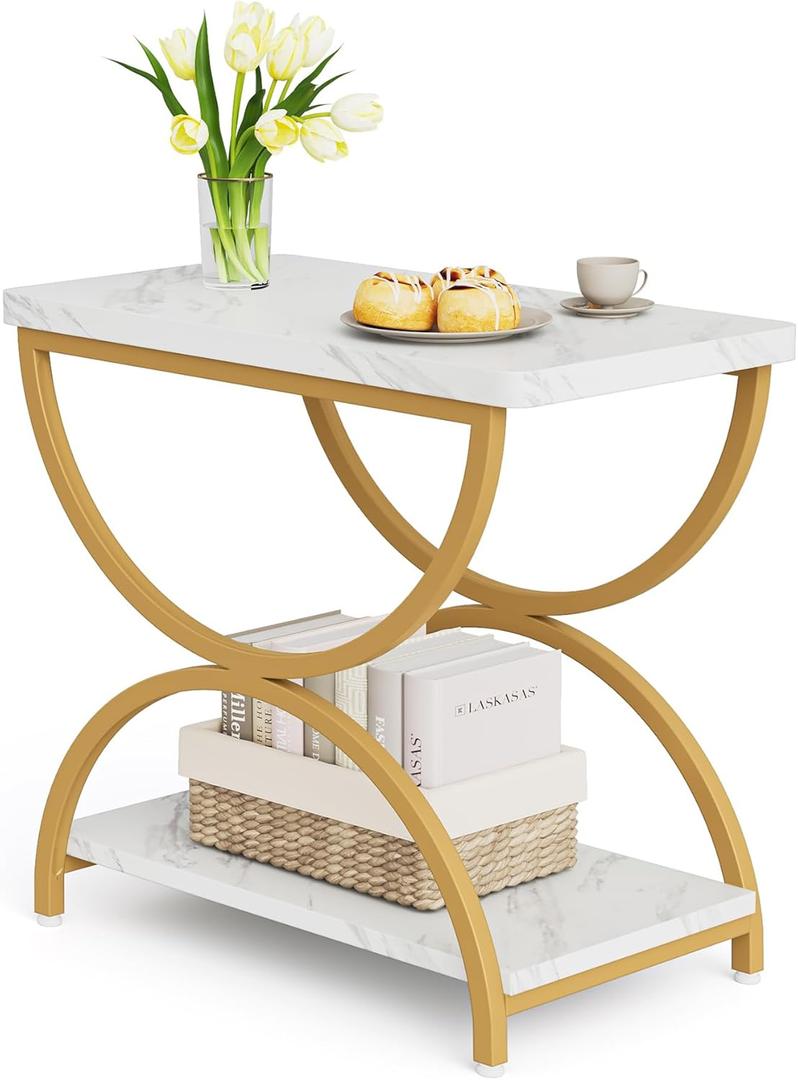 LITTLE TREE 2 Tiers End Side Table with C-Shapped Metal Frame, Faux Marble Chairside Tables Living Room, 2-Tier Nightstand Bedside Table for Bedroom (15.75 D x 23.62 W x 23.62 H Inch, White Faux Marble)