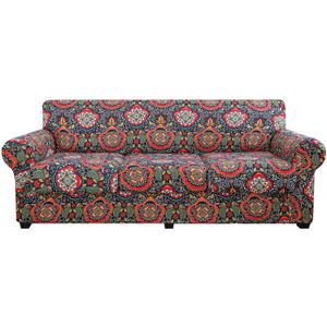 hyha Couch Cover, Floral Pattern, Stretch, Printed, 4 Pieces, Sofa Slipcovers, for 3 Separate Cushion Couch, Washable Furniture Protector for Dogs(Sofa, Mandala Floral) (Large, Red&blue)