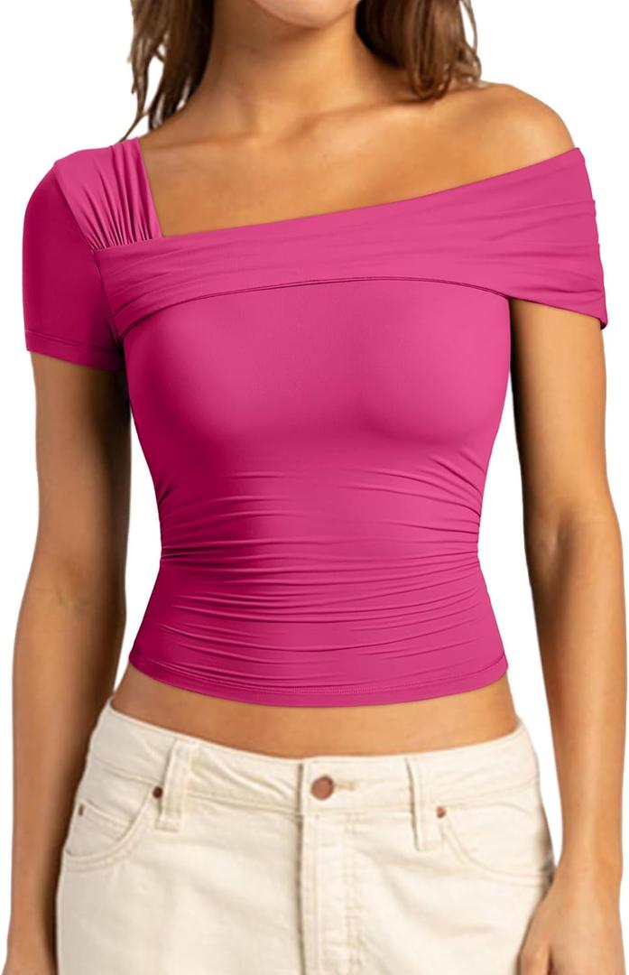 SUUKSESS Women One Off The Shoulder Summer Tank Tops Ruched Short Sleeve Shirts (Pink, M)
