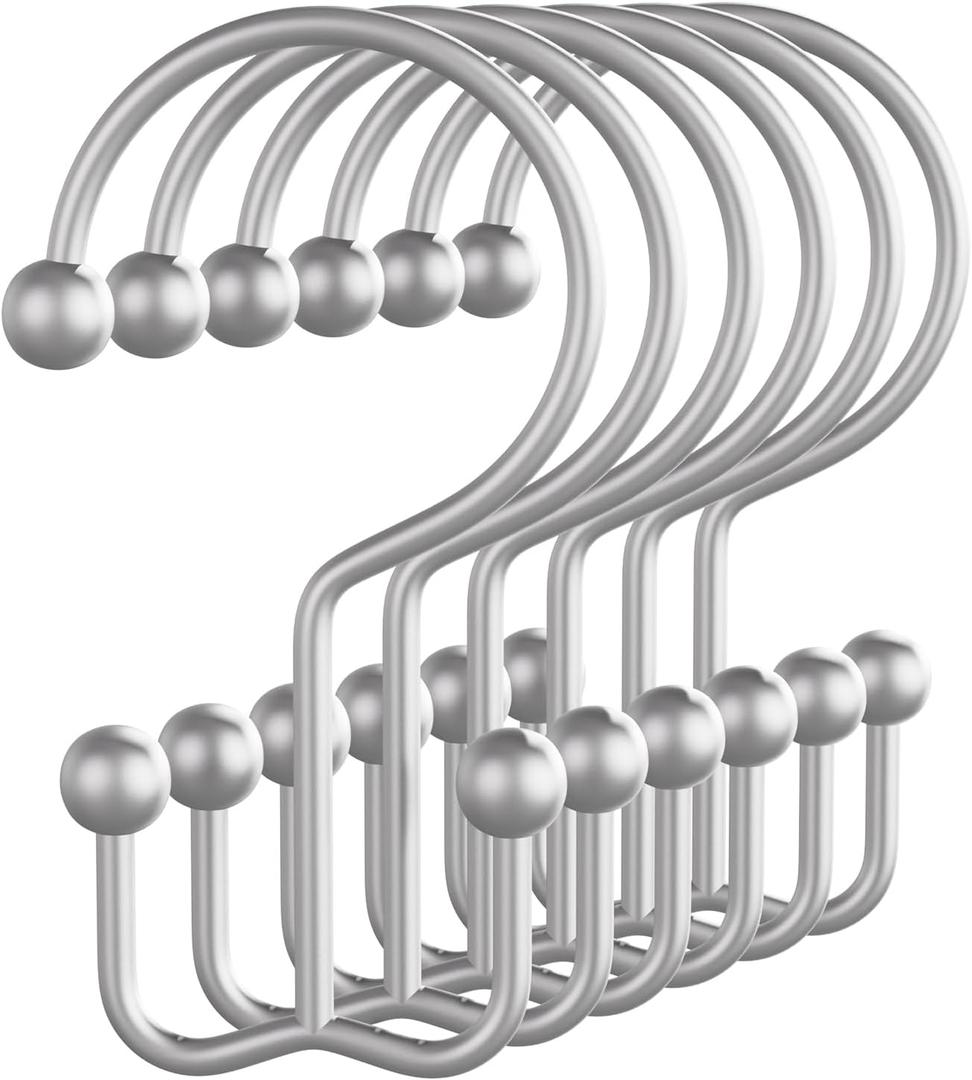 Bathway Shower Curtain Hooks Silver Shower Curtain Rings, 12 Pcs Double Hook Shower Curtain Hooks Rings Shower Curtain Hangers Rust Proof, Metal Shower Hooks for Bathroom Shower Curtain Rod