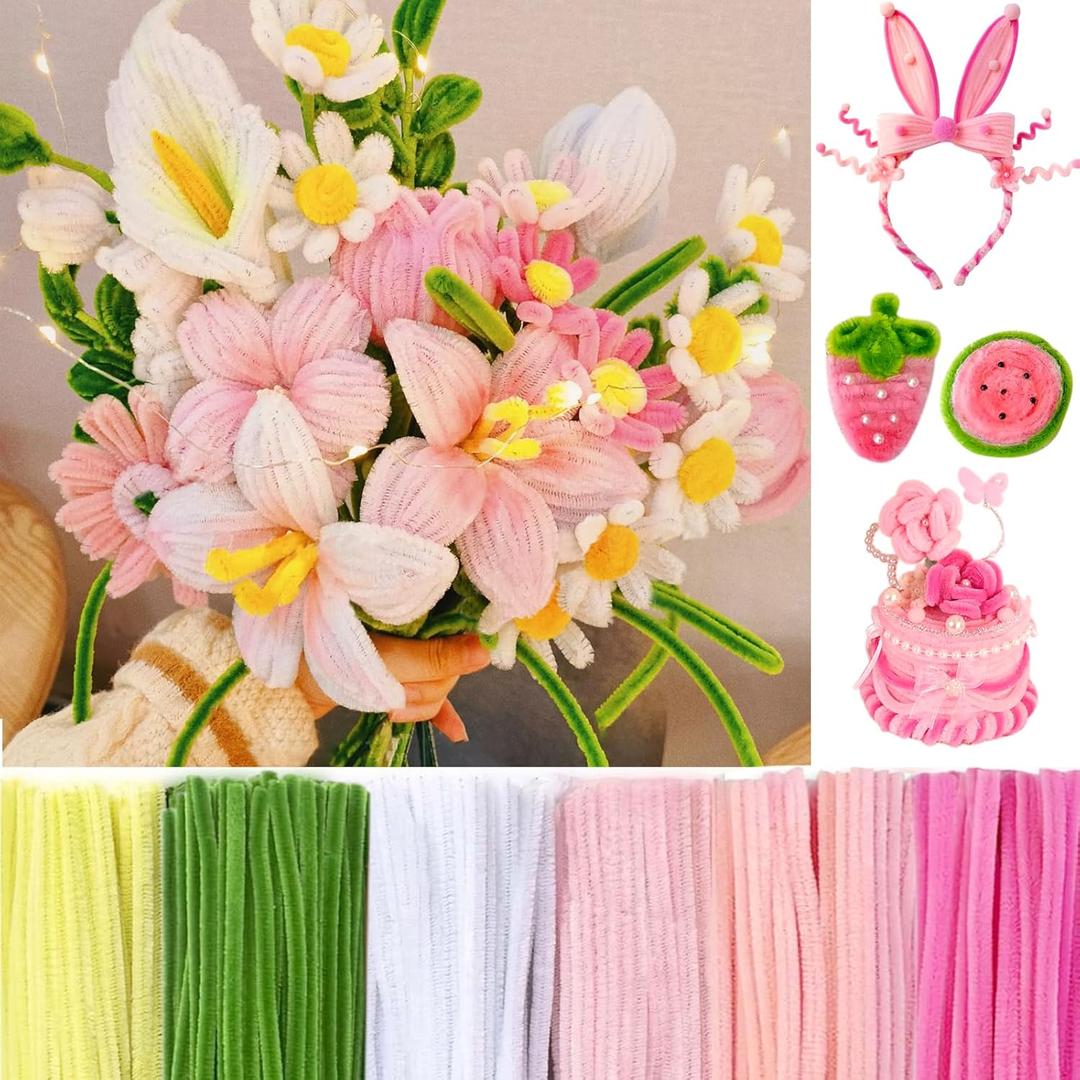600 Pcs Pink Pipe Cleaners Craft for Flowers, Pastel Chenille Stems for DIY Art Projects Creative Gift(6 Colors), Bulk Fuzzy Pipe Cleaner Flower Kit, Ideals for Party Decor (Pink Flower)