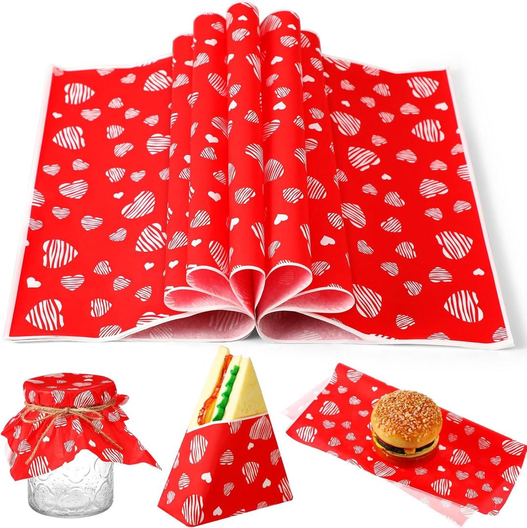 Marspark 100 Sheets Heart Wax Paper for Food Wrapping 11.4 x 11 Inches Red Food Basket Wax Paper for Spring Picnic Wedding Mother's Day Birthday Candy Cookies Sandwich Burgers Greaseproof Wrapping