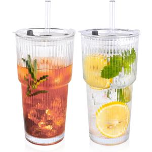 2PCS 20oz Glass Cups with Lids and Straws, Iced Coffee Cups with Lids, Stylish Ribbed Thick Drinking Glasses Tumbler for Juice, Smoothies, Cold Beverages, Cute Cup Gifts with Clean Brush