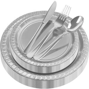 125pcs Silver Plastic Plates for 25 Guests, Include 25 Dinner Dessert Plates |Forks |Knives |Spoons for Weddings Parties Christmas (Silver, 125PCS25 Guests)