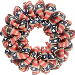 18 Inch Burlap Forth of July Patriotic Wreath for Front Door, Red Stripe Blue Star Ribbon Natural Burlap Color Wreath for Home Decor, Memorial Day Independence Day Home Decor