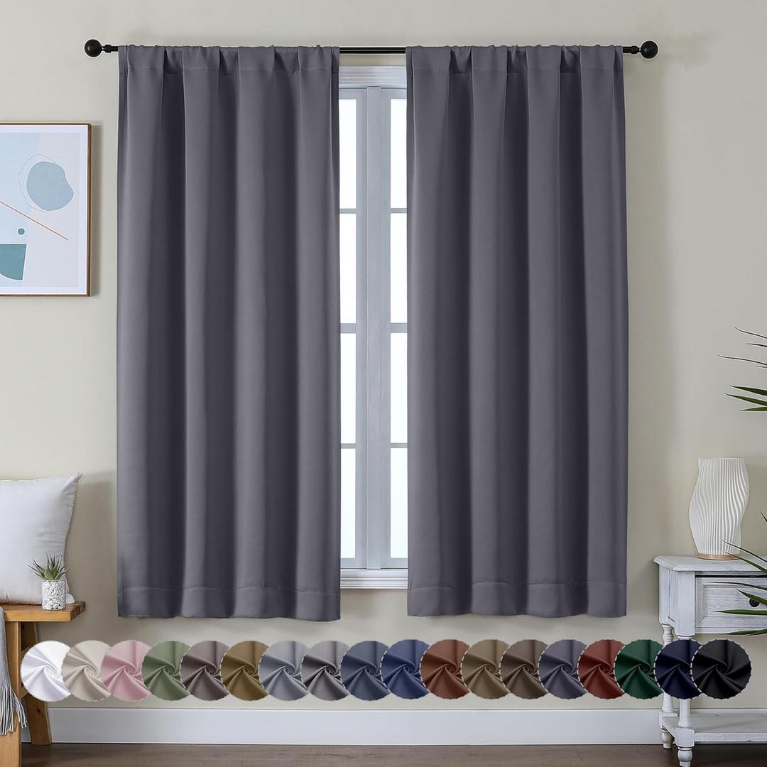 Simplebrand Ava Grey Blackout Curtains for Bedroom 63 Inch Length 2 Panels Set, Solid Thermal Insulated Energy Saving Rod Pocket Window Treatment Curtains Blackout Drapes, W40 x L63 Inch, Grey
