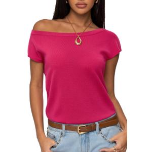 SUUKSESS Women Silk Cashmere Blend Off The Shoulder Tops Summer Lightweight Knit Trendy Sweaters Going Out Loose Fit Shirts (Rose Pink, Large) (Pink, L)