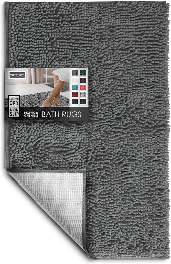 Hearth & Harbor Bathroom Rugs, Chenille Bath Mat - Machine Washable Bath Mats for Bathroom Non-Slip Backing Rubber, Quick Dry Bathroom Mat - Grey Bath Rug, 20x32