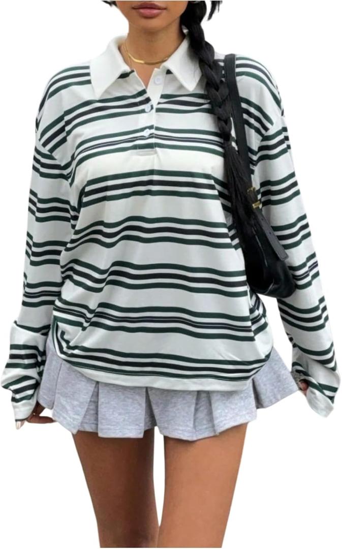 Verdusa Women's Colorblock Button Striped Collared Shirts Preppy Drop Shoulder Going Out Tops (Large, White Multi)