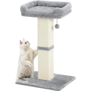 Karolpar 32" Cat Scratching Post for Indoor Cats, Sisal Cat Scratcher with Plush Perch, Large Scratch Post with Bed, Removable Cover, Sisal Fabric,Light Grey