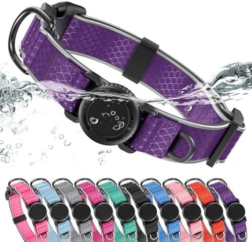 WhoseID Airtag Dog Collar | with Waterproof Air Tag Holder | QR Code Pet ID |Durable Comfortable Oxford Padded | Reflective Collar | for Outdoor Large Dogs(Purple,L,15''~24'')