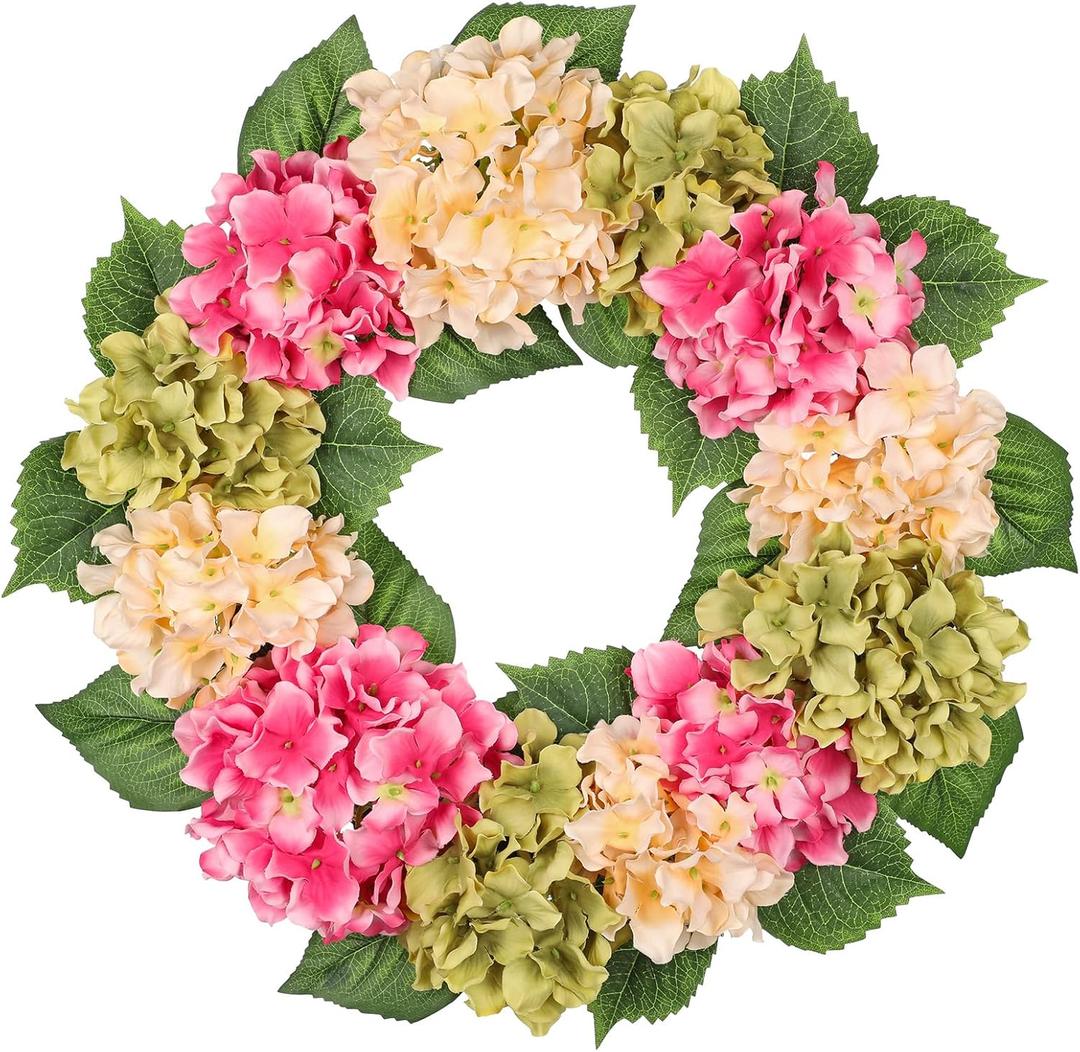 Briful 20'' Spring Hydrangea Wreath for Front Door, Colorful Artificial Floral Summer Wreaths for Home Farmhouse Indoor Windows Fireplace Mantle Decor