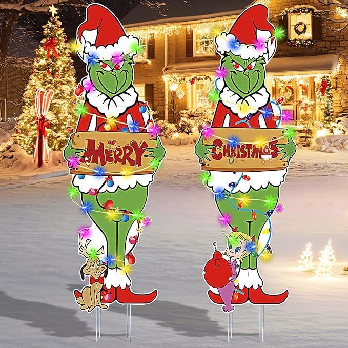 Large Grinch Christmas Outdoor Decorations with Metal Stakes Merry Christmas Yard Signs for Xmas Party Supplies, Lawn, Garden Yard Decor