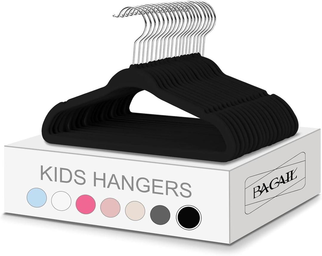 BAGAIL Kids Velvet Hangers 13.75 Inches Children's Clothes Hangers Non-Slip Baby Hangers for Infant/Toddler (Black,50pack)