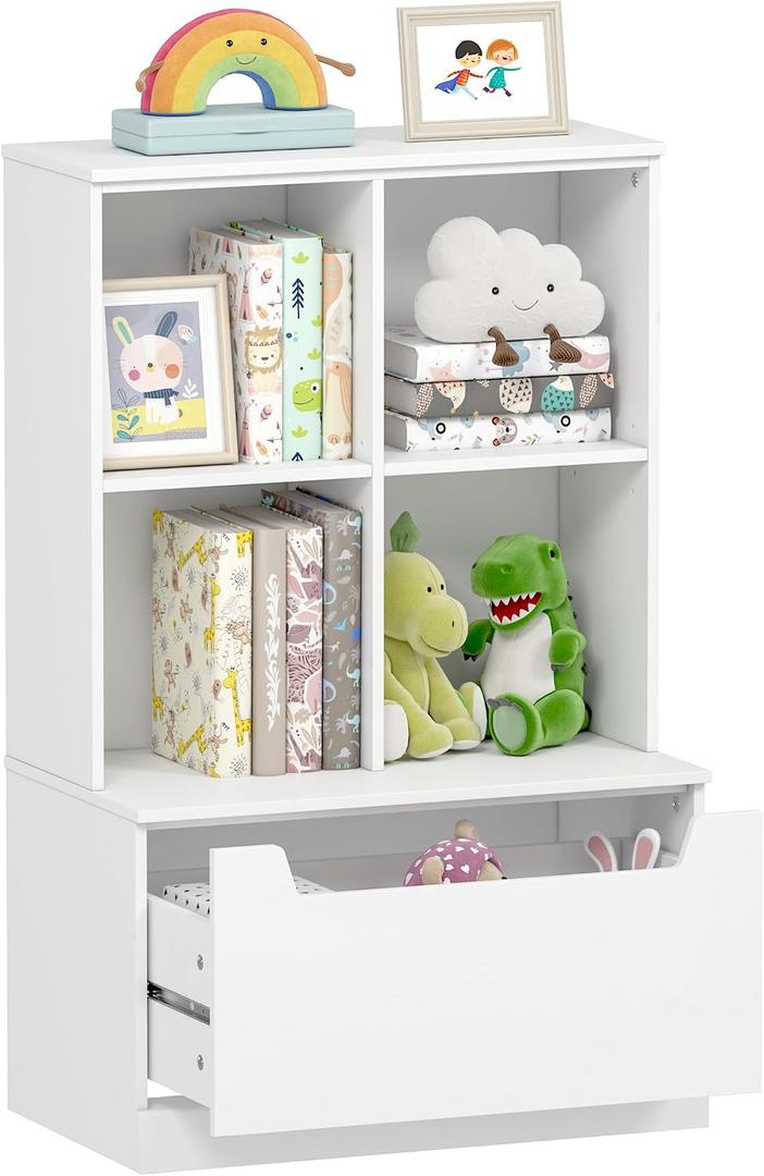 UTEX Kids Bookshelf and Toy Storage Organizer, Toddlers Bookcase with Cubbies, Adjustable Wood Shelf with Drawer for Bedroom, Playroom, Nursery, White, 13.8*23.5*37.5 In