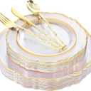 Liacere 150PCS Clear Gold Plastic Plates - Disposable Plastic Silverware with Glitter Bamboo Handle Cutlery-Baroque Clear Gold Disposable Plates for Wedding & Party & Easter Day & Mother's Day (Floral)