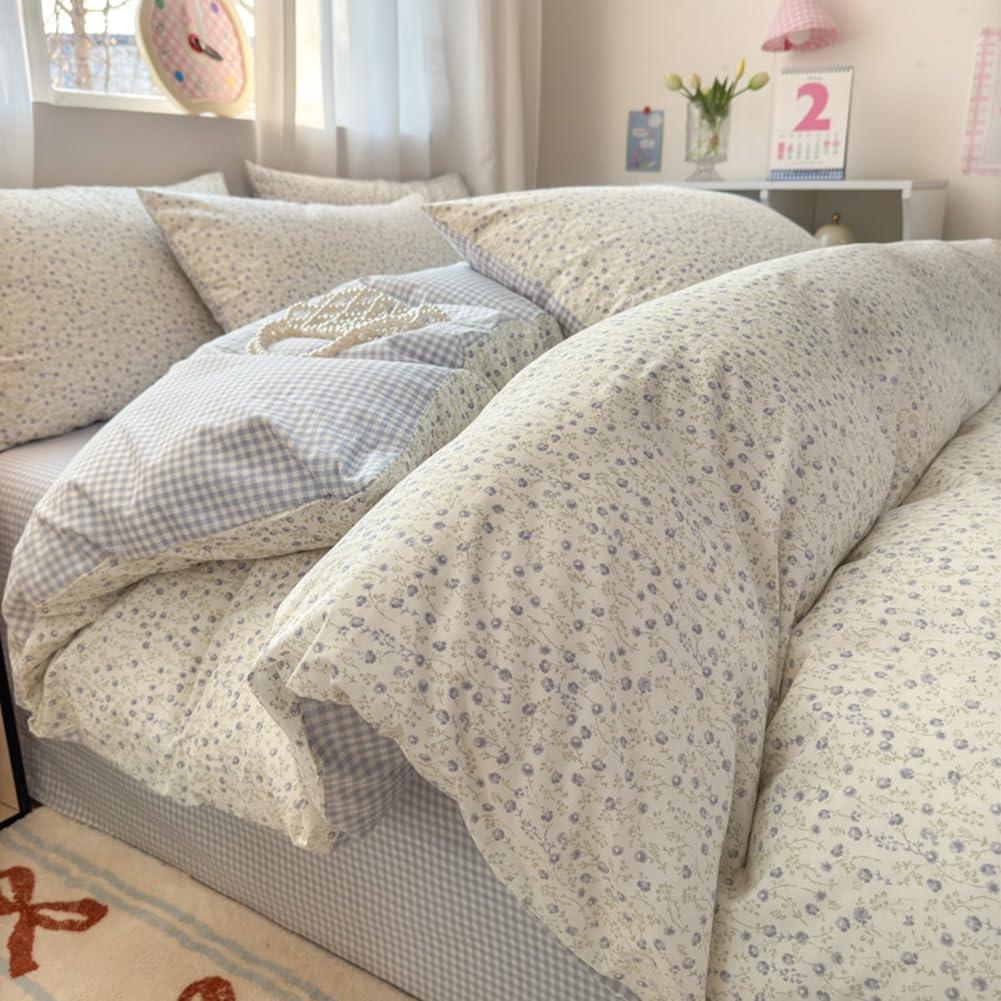Nayoroom Blue Floral Gingham Duvet Cover Queen Size 100% Cotton Reversible Plaid Cottagecore Bedding 3 Pcs Soft Breathable Aesthetic Spring Comforter Cover Gift for Women Girls