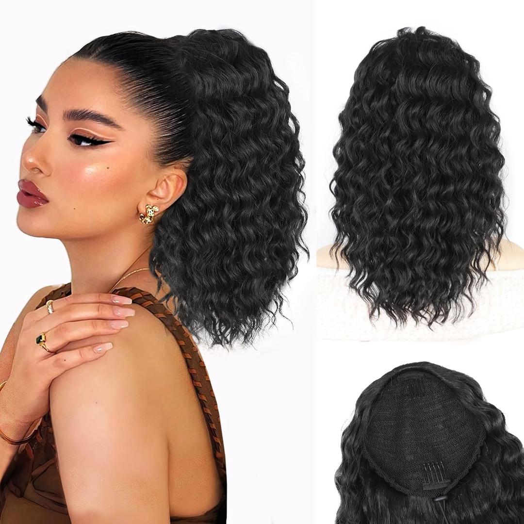 QGZ Drawstring Ponytail Extension 14 Inch Synthetic Wavy Curly Hair for Black Women Fluffy Pony Tail for Daily Use (Black)