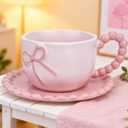 Disoza Bow Coffee Mug Pink Coquette Coffee Mugs Set with Saucer 12 OZ Porcelain Tea Cup Bow Cute Mug for Women Girl