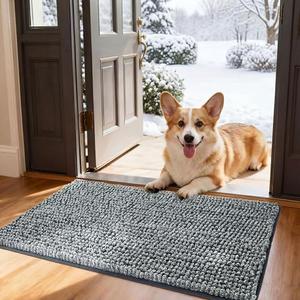 Bedsure Dog Door Mat for Muddy Paws, High-Low Absorbent Chenille Indoor Entrance Mud Dirt Trapper Soak-Stopper, Machine Washable Non-Slip Entryway Rug for Pets, 30"x19" Grey