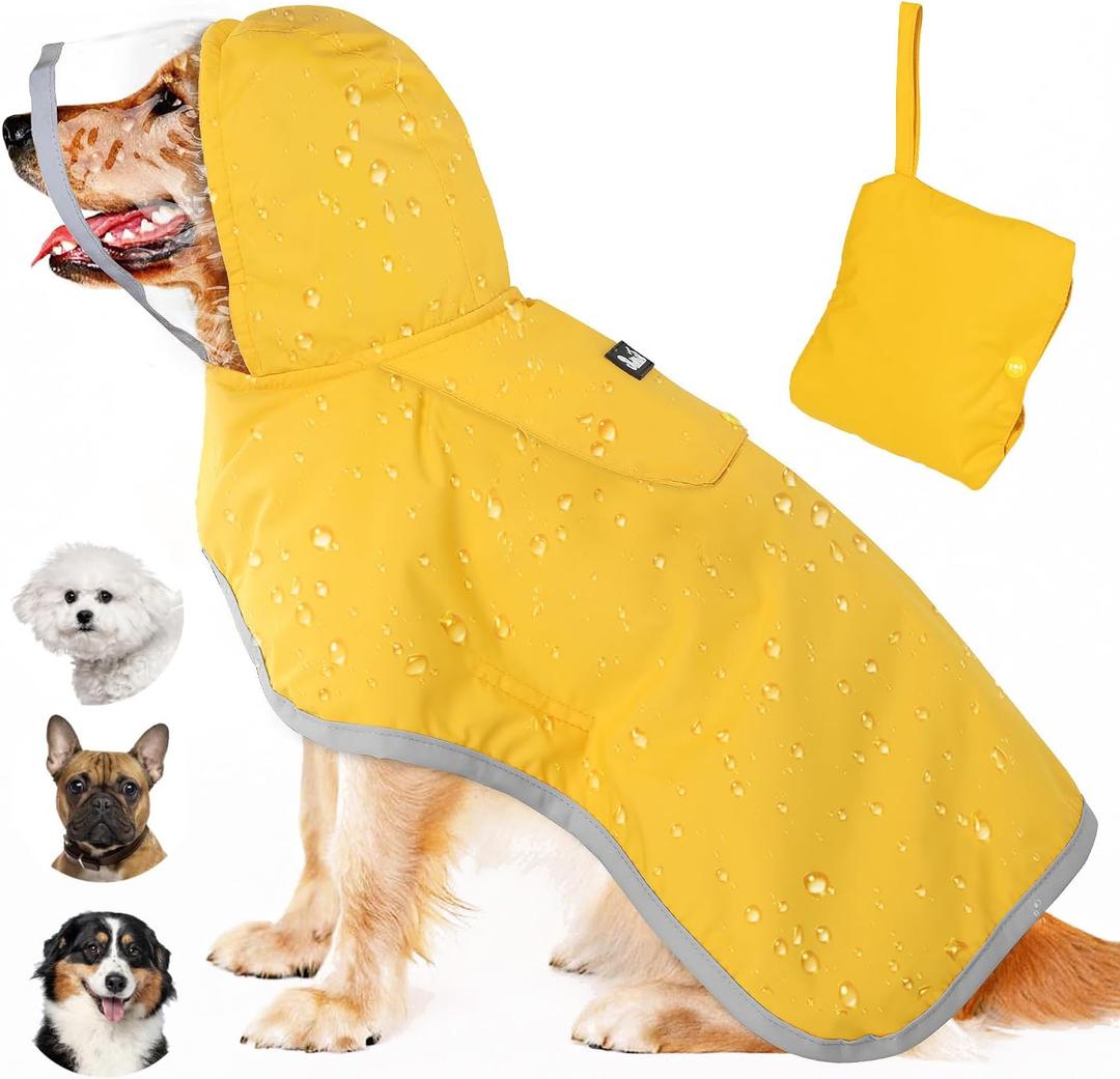 Lukovee Dog Raincoat, Adjustable Dog Rain Jacket with Clear Hooded Double Layer for Large Medium Small Dogs Puppies, Waterproof Rain Coat Poncho with Reflective Storage Pocket & Rim (Yellow,M)