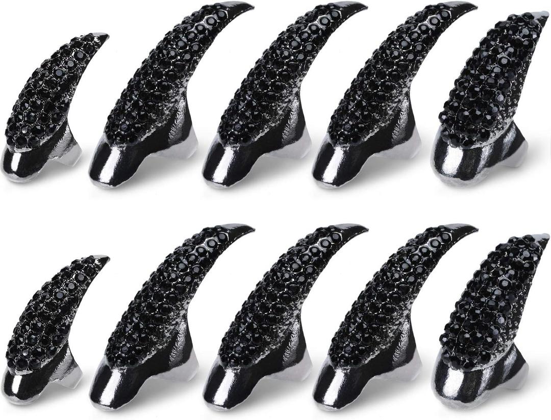 Hicarer 10 Pcs Halloween Gothic Nail Claw Ring Metal Punk Fake Nails Set Costume Full Finger Rings for Men Women Party Favor Cosplay Supplies, 3 Sizes