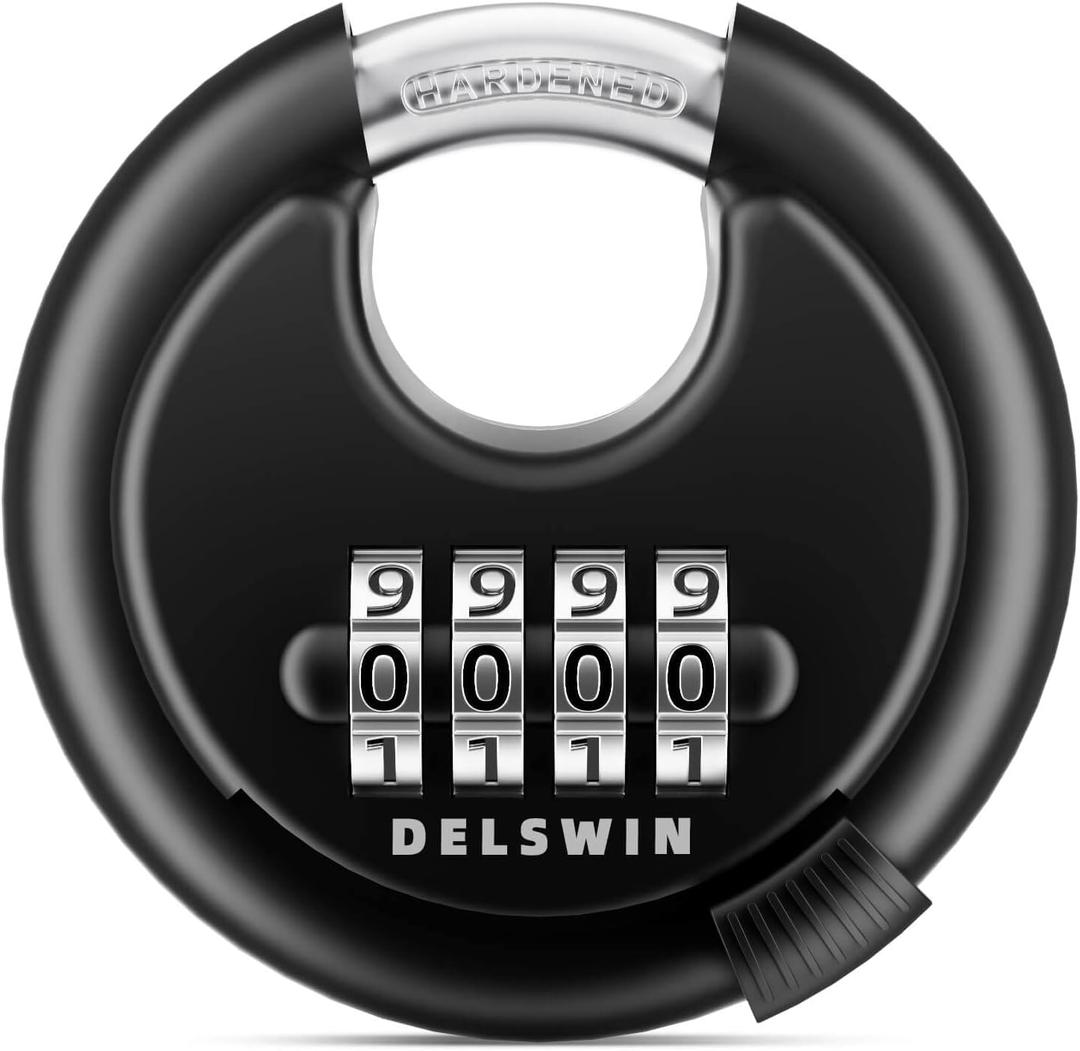 DELSWIN 4 Digit Combination Disc Padlock with Hardened Steel Shackle Combo Lock for Sheds, Storage Unit, School Gym Locker and Fence (Black,1Pcs)