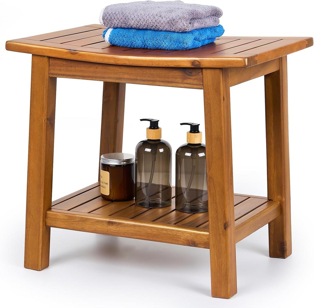 Upolana Teak Shower Bench, 20" Solid Wood Shower Stool Waterproof Shower Seat with Storage Shelf for Bathroom, Indoor & Outdoor Use