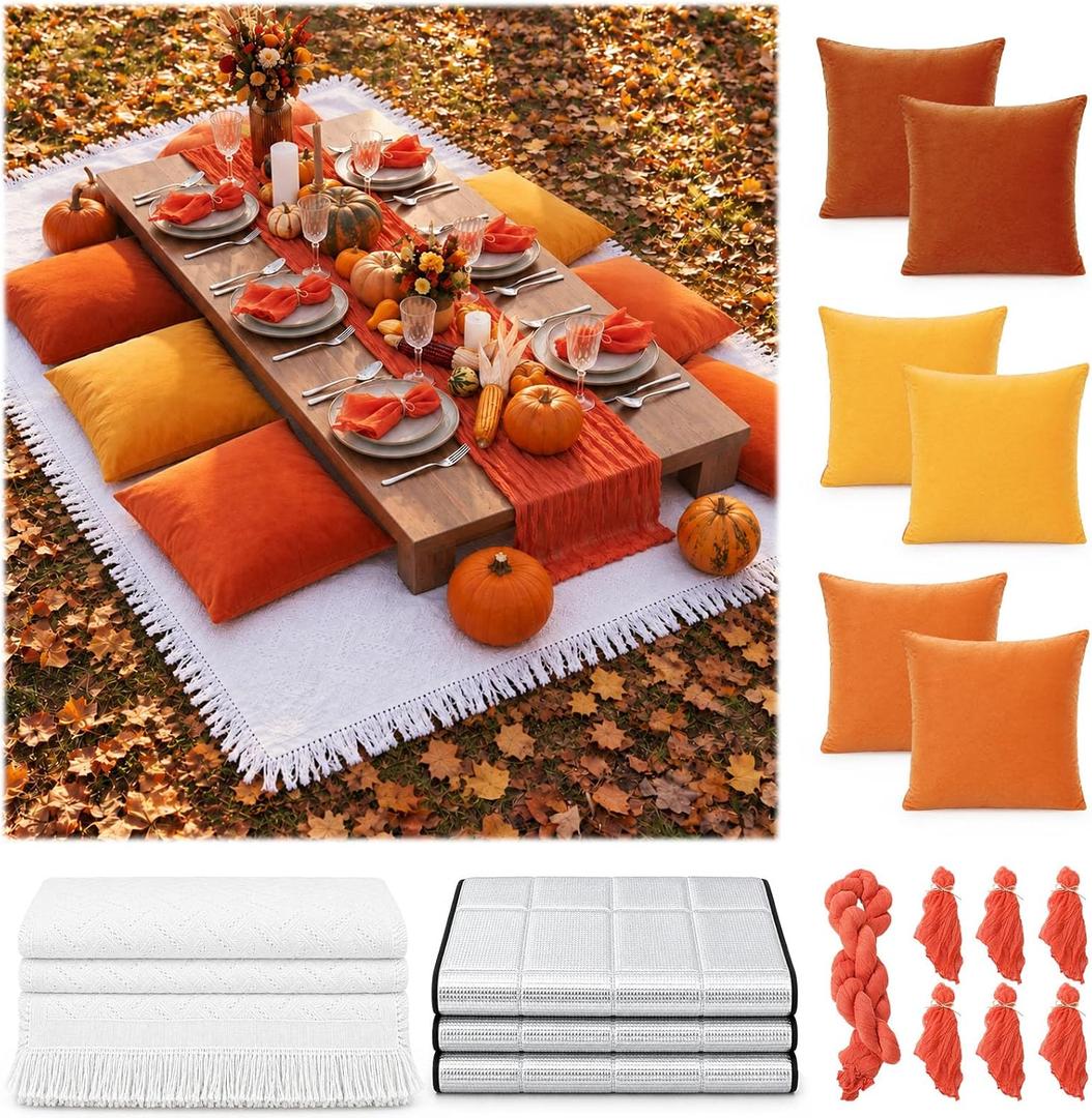 Irenare Fall Friendsgiving Picnic Set Thanksgiving Extra Large Outdoor Picnic Blanket with Waterproof Mat Autumn 6 Throw Pillow Covers 6 Napkins Woven Cotton Yarn 2 Table Runner 1 Table Cloth